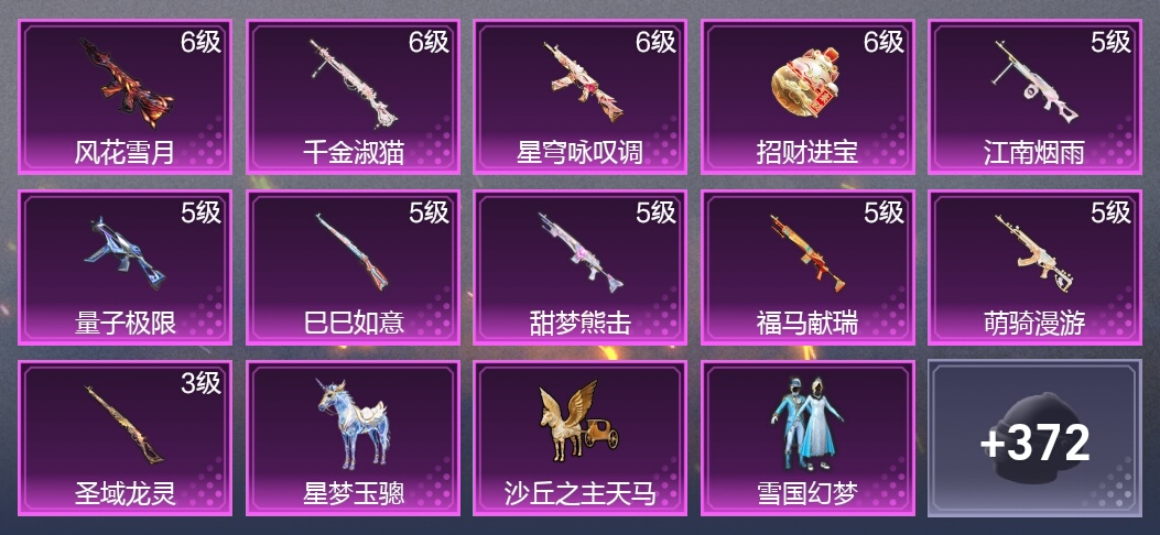 1载具 11升级枪 13粉装 224枪皮 140套装 7,1694热力 9印记 王牌