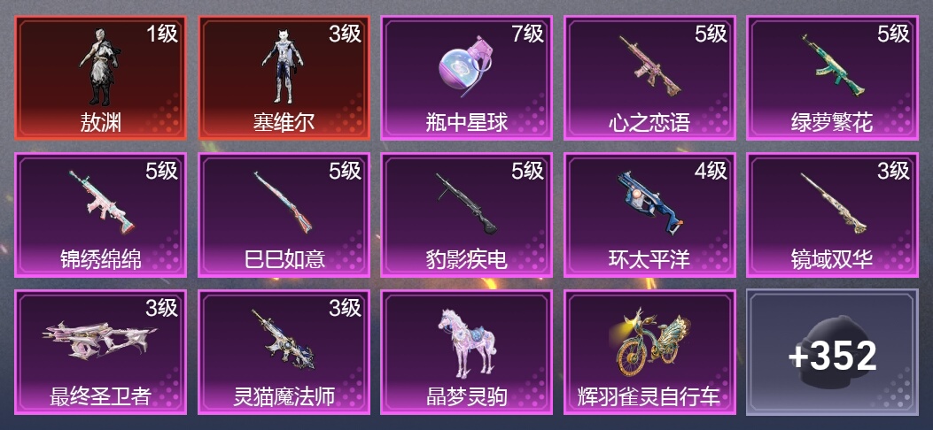 3载具 10升级枪 13粉装 7尾迹 198枪皮 151套装 7,4371热力 10印记 黄金