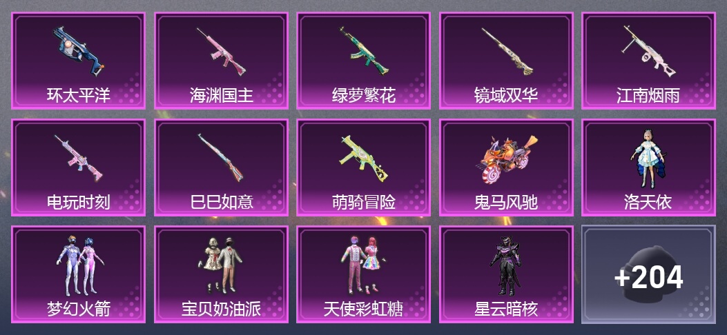 2载具 11升级枪 9粉装 213枪皮 176套装 皇冠
