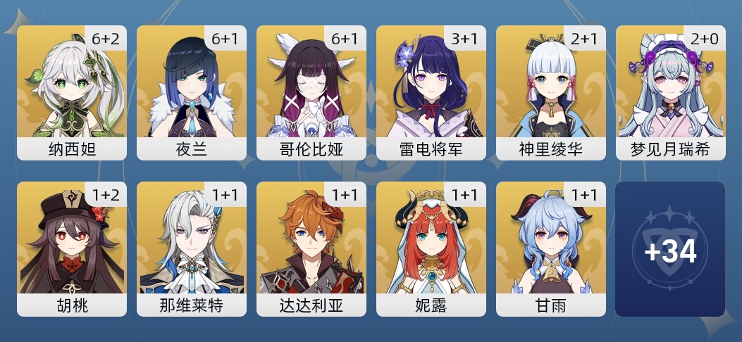 134黄 104角色黄 30武器黄 45五星角色 26五星武器 女主 60级