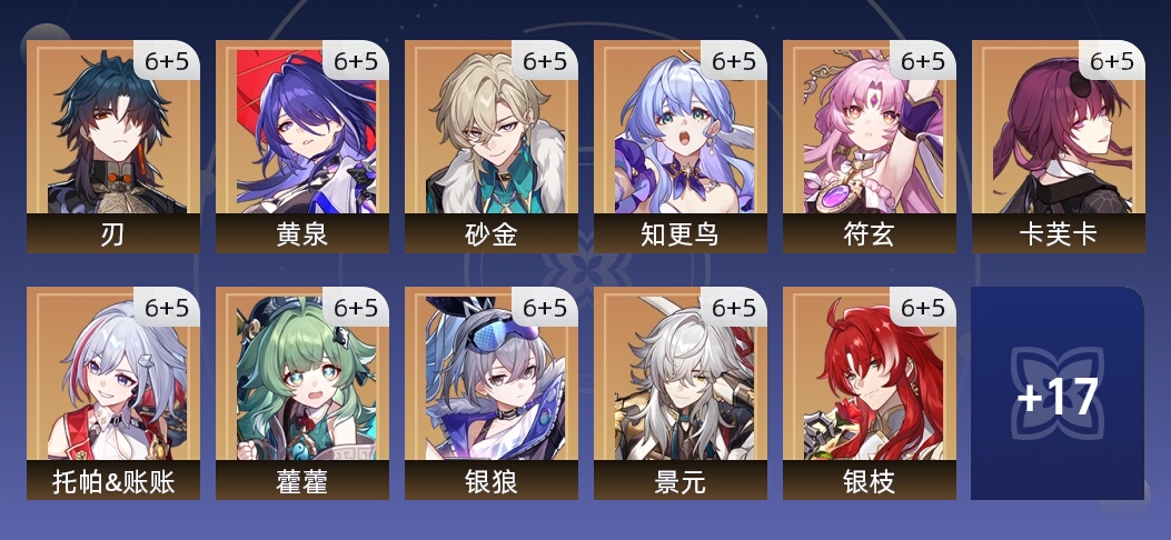 276黄 162角色黄 114光锥黄 28五星角色 29五星光锥 70级 男主