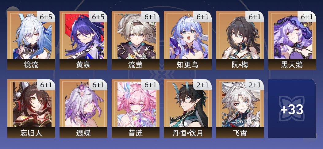 204黄 148角色黄 56光锥黄 44五星角色 39五星光锥 70级 女主