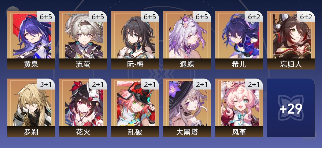 195黄 123角色黄 72光锥黄 40五星角色 33五星光锥 70级 女主