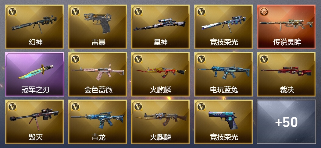 2传说武器 10王者武器 5炫金武器 45V武器 24V角色 24皮肤 可排位