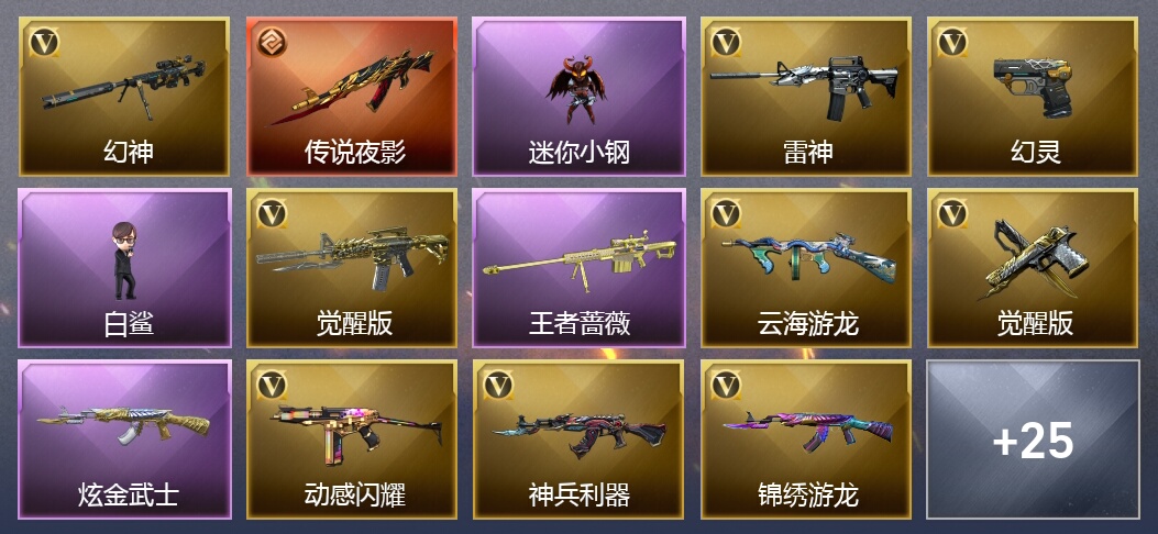 1传说武器 3王者武器 1炫金武器 22V武器 19V角色 12皮肤 可排位