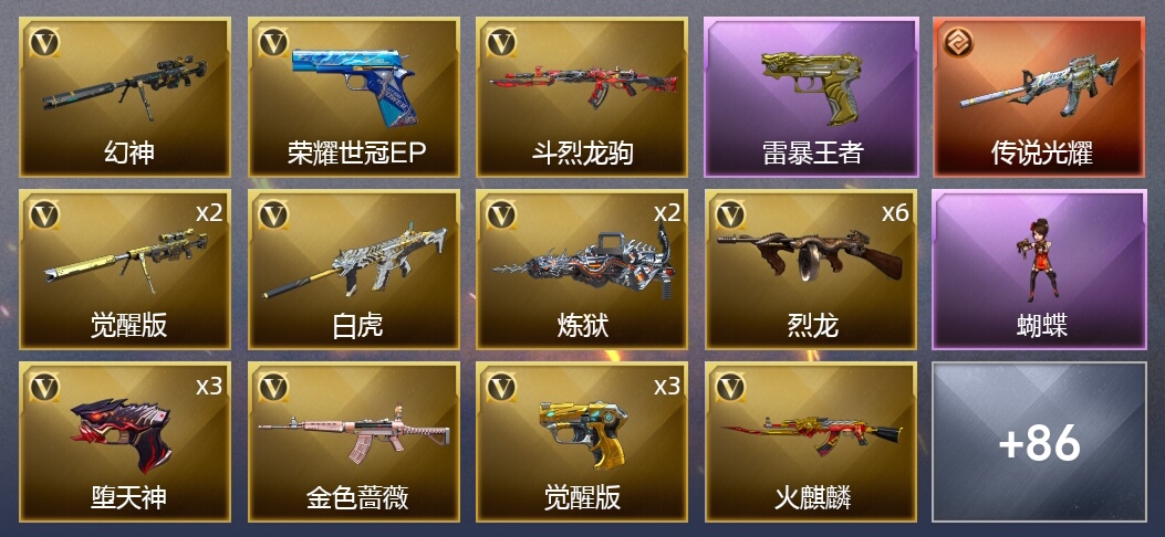1传说武器 9王者武器 2炫金武器 138V武器 5V角色 33皮肤 可排位 枪王