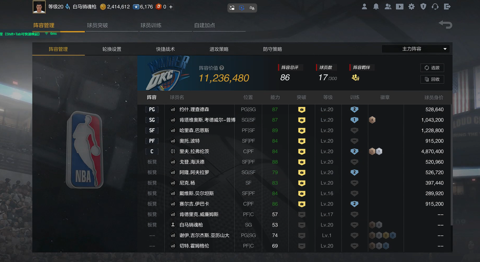 【阵容价值1123万 球员 满突球员0 合同费1万】整容价值1123w